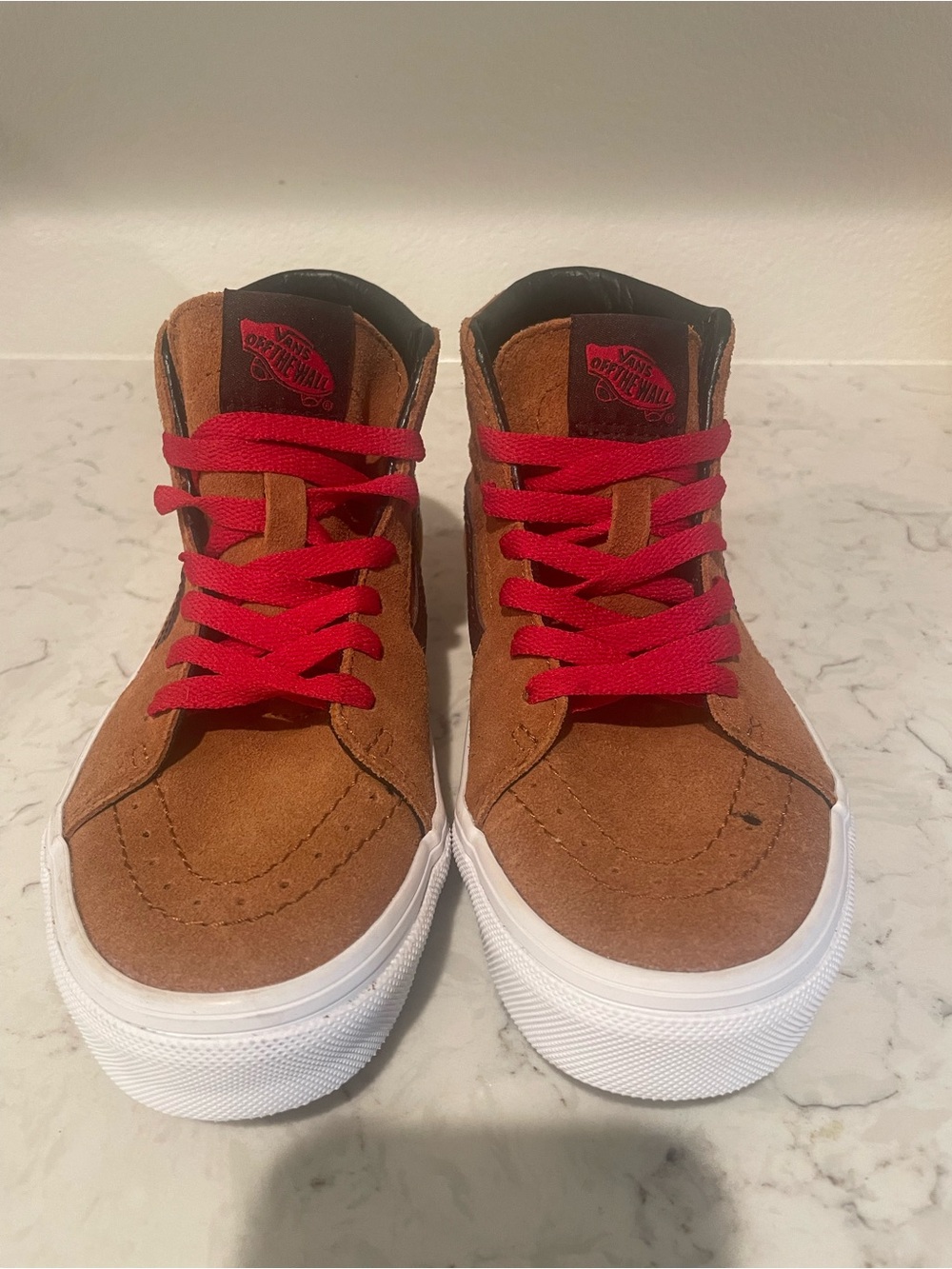 Vans Men’s Brown Suede High-Top Sneakers with Red Laces
